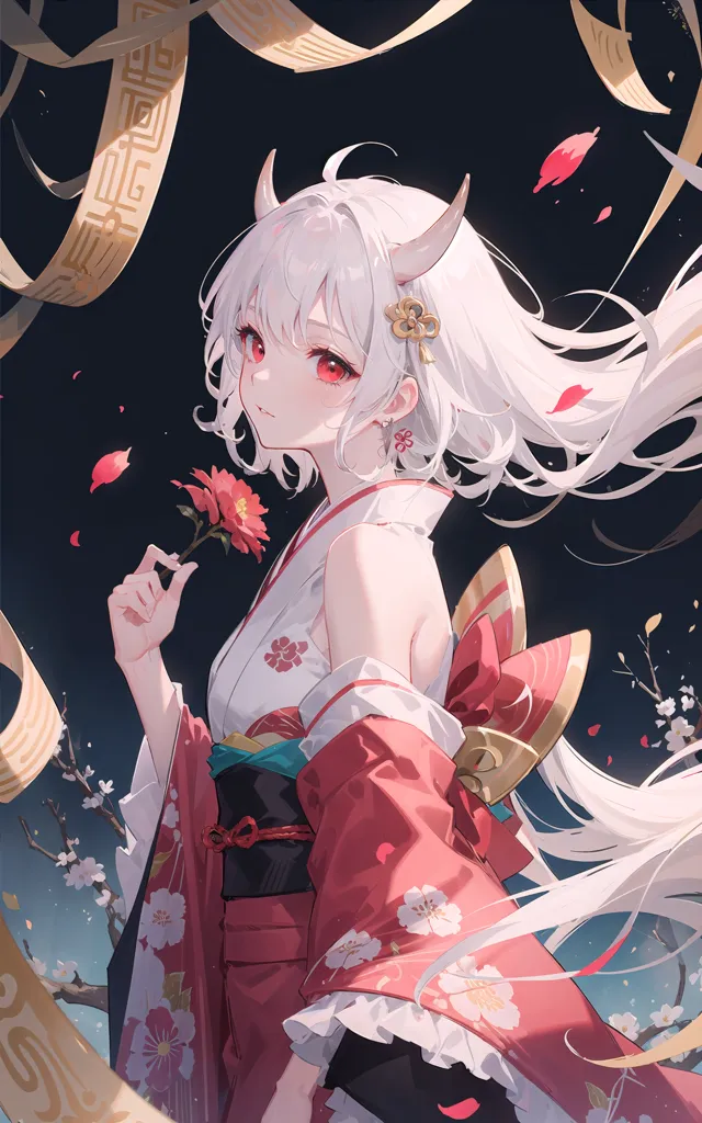 The image is a portrait of a young woman with white hair and red eyes. She is wearing a red and white kimono with a floral pattern. She has a flower in her hair and is holding a fan. The background is dark with some light-colored objects floating in the air. The woman has horns on her head and is slightly smiling.