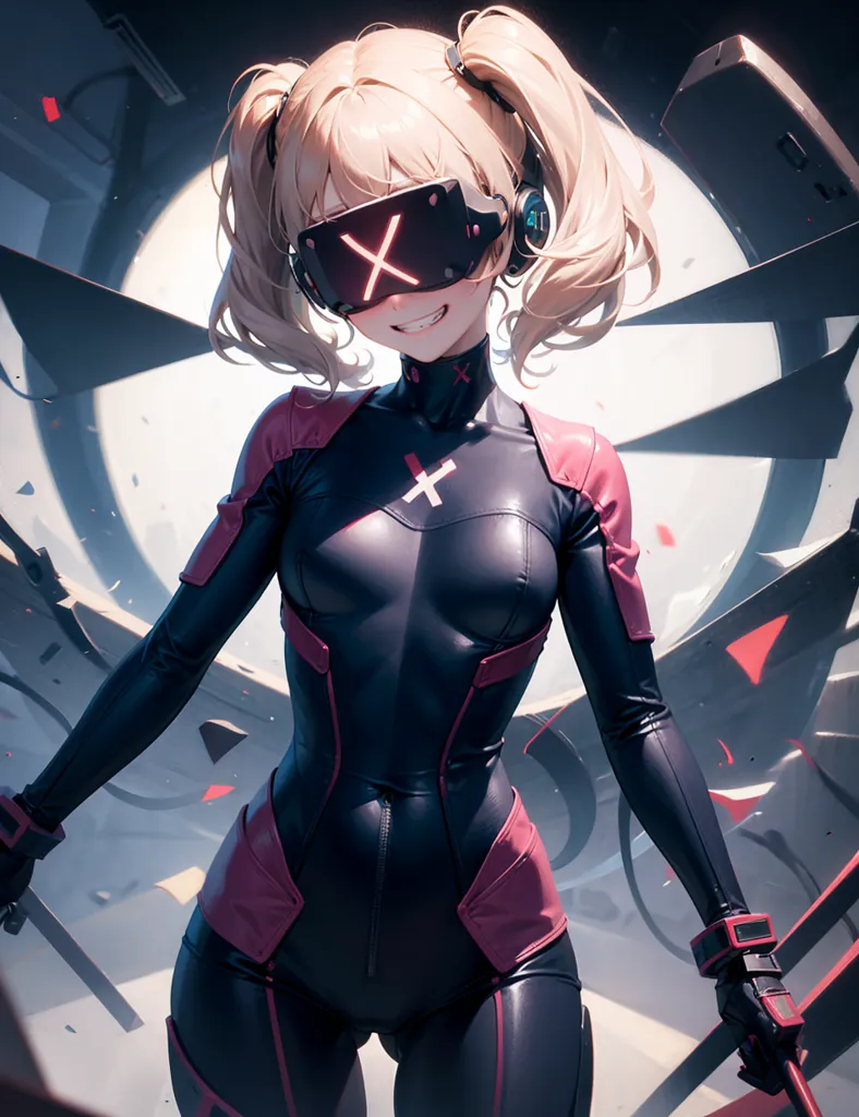 This is an image of a young woman with blonde hair and blue eyes. She is wearing a black and red bodysuit with a large X on her chest. She is also wearing a pair of goggles with a red X on the lenses. She has a confident smile on her face and is standing with her arms outstretched. The background is a blur of grey and black.