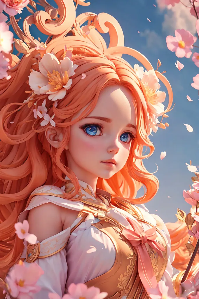 The image is a painting of a beautiful anime girl with long, flowing orange hair and blue eyes. She is wearing a white and pink dress with a golden corset. The girl is standing in a field of pink flowers and there are also pink flowers in her hair. She is looking at the viewer with a gentle smile on her face. The painting is done in a realistic style and the colors are vibrant and lifelike.