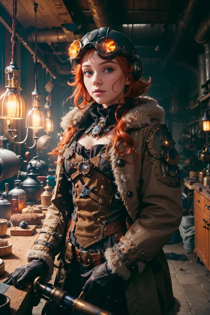 L'image représente une jeune femme debout dans un décor steampunk. Elle porte un manteau en cuir marron avec une bordure en fourrure, un corset de couleur bronze et des lunettes de protection. Elle a une expression sérieuse sur le visage. Il y a des étagères et des tables avec divers gadgets et bibittes steampunk en arrière-plan.