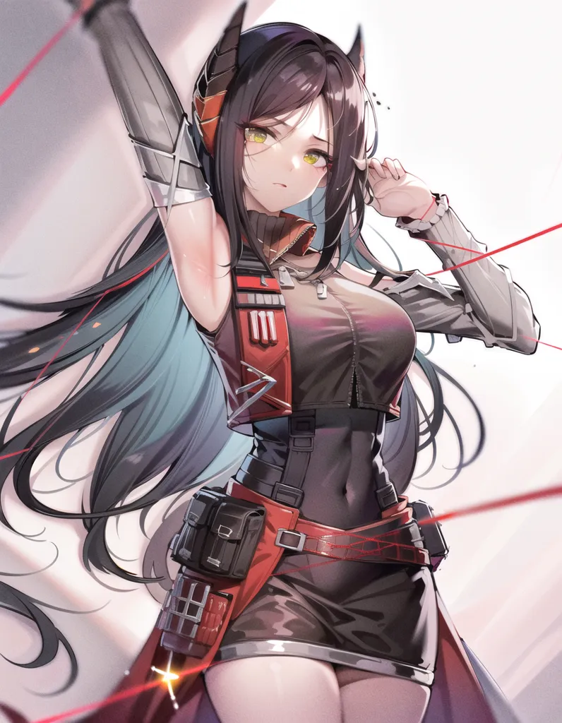 The image is of a young woman with long black hair and yellow eyes. She is wearing a black and red bodysuit with a white skirt and a red belt. She has a black and red backpack and is holding a gun in her right hand. She is standing in front of a white background with red strings around her.