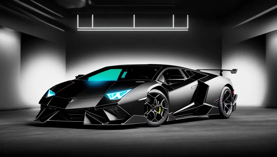 The image shows a black Lamborghini Aventador SVJ in a dark garage. The car is sleek and has a futuristic design. The headlights are bright and the wheels are large and black. The car is low to the ground and looks like it is ready to race. The background is dark and there is a spotlight shining down on the car. The car is the main focus of the image and it is clear that the photographer wanted to show off its beauty and power.