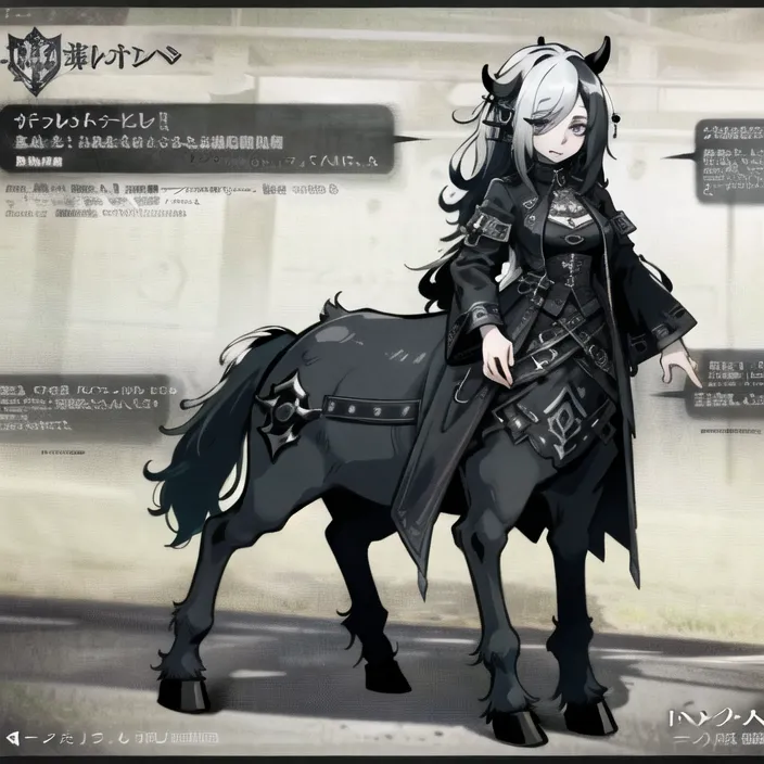 The image is of a centaur, with the upper body of a woman and the lower body of a horse. She has long black hair and grey eyes. She is wearing a black coat and a black hat. She has a gun in her hand. She is standing in a forest. There is a building in the background.