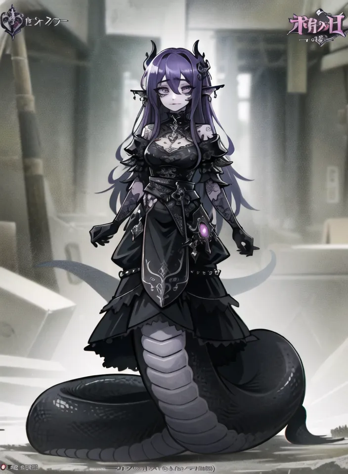 The image shows a female character with purple hair and black snake-like body. She is wearing a black dress with a white collar and a black choker. She has a purple gem on her chest and a snake-like tail. She is standing in a dark room with a broken wall in the background.