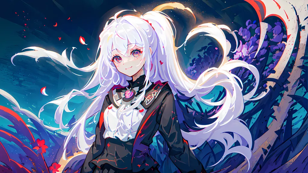 This image is an illustration of a young woman with long white hair and pink eyes. She is wearing a black dress with a white collar and a red ribbon. She is standing in a dark forest, surrounded by red and purple flowers. The background is a dark blue night sky with a crescent moon.