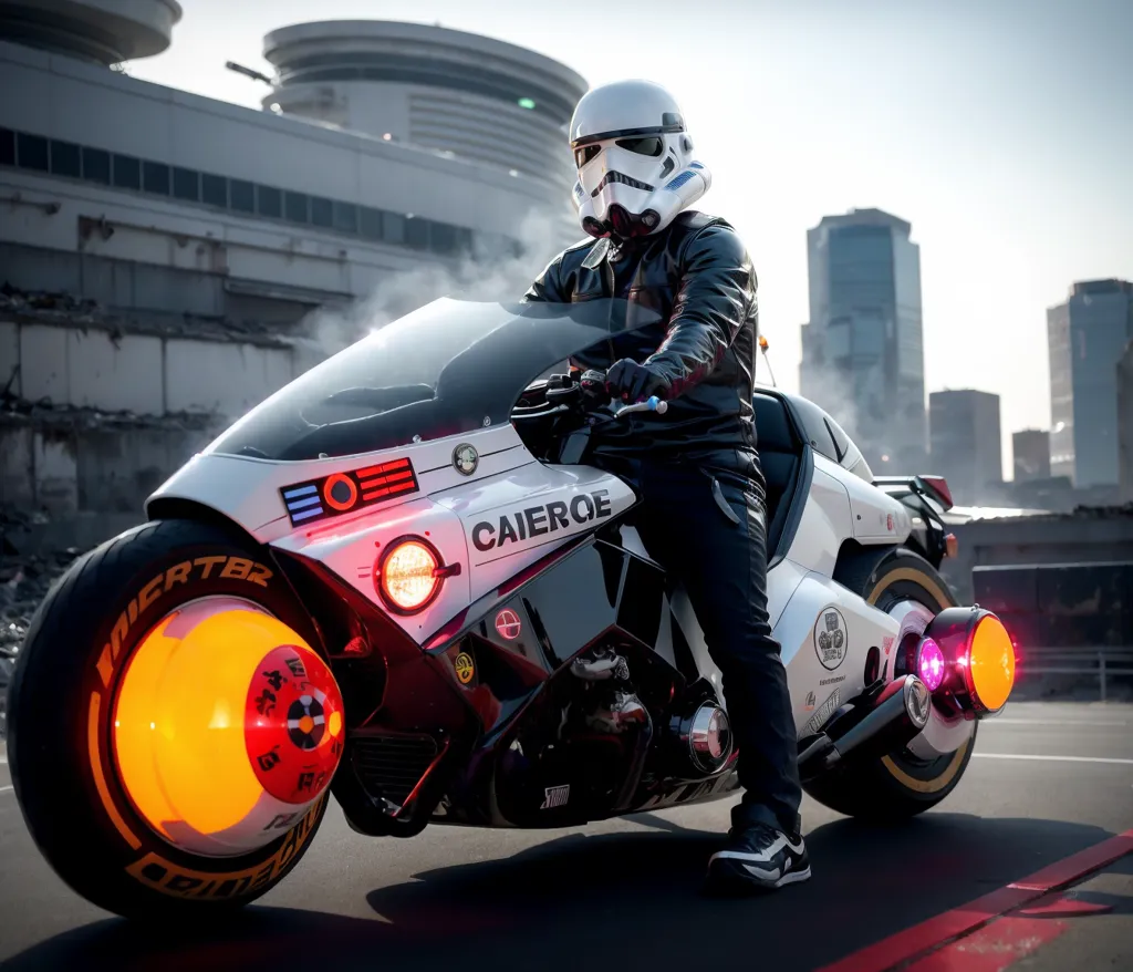 The image shows a man wearing a white stormtrooper helmet and black leather jacket riding a futuristic motorcycle. The motorcycle has a white and gray body with orange and yellow lights on the wheels. The man is sitting on the motorcycle with his right hand on the throttle and his left hand on the brake. He is wearing a black helmet with a visor. The background of the image is a city with tall buildings and a lot of traffic. The image is very detailed and realistic.