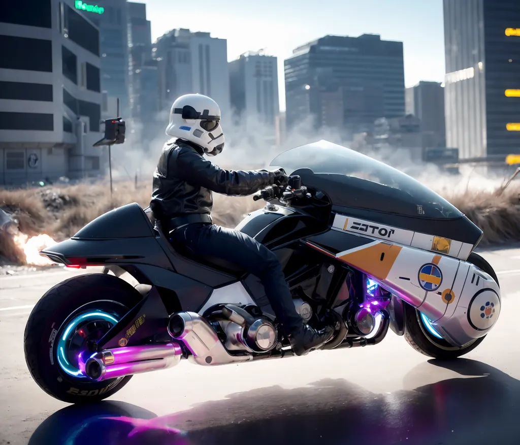 The image shows a man riding a futuristic motorcycle. The man is wearing a black leather jacket and a white helmet with a black visor. The motorcycle has a black and gray body with blue and purple lights. The motorcycle also has a large engine and a single front wheel. The man is riding in a city and there are tall buildings in the background.