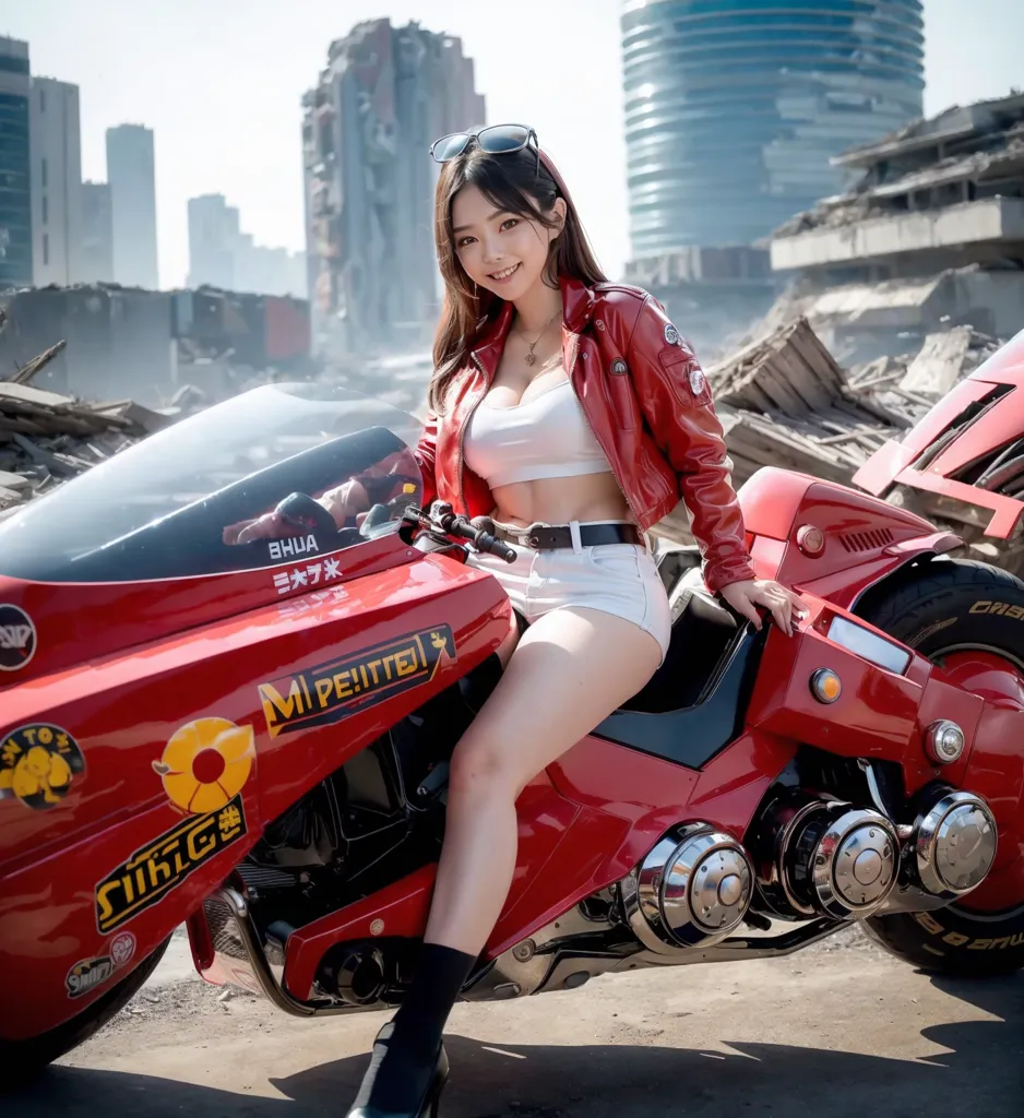 The image shows a young woman sitting on a red motorcycle. She is wearing a white crop top, denim shorts, a red leather jacket, and black boots. She has a pair of sunglasses on her head and is smiling at the camera. The motorcycle is parked in a ruined city. There are large buildings and skyscrapers in the background. The sky is hazy and there are clouds in the distance.