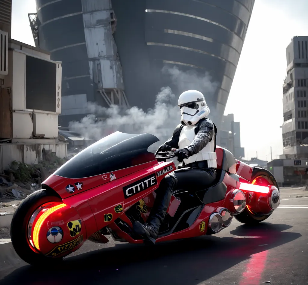 Un soldado de asalto de Star Wars está montando una motocicleta roja y negra. Lleva un casco blanco y una armadura negra. La motocicleta tiene un parabrisas transparente y un motor grande. El soldado de asalto está circulando por una ciudad. Hay edificios altos y mucho escombro en el suelo. El cielo está nublado y hay mucho humo en el aire.