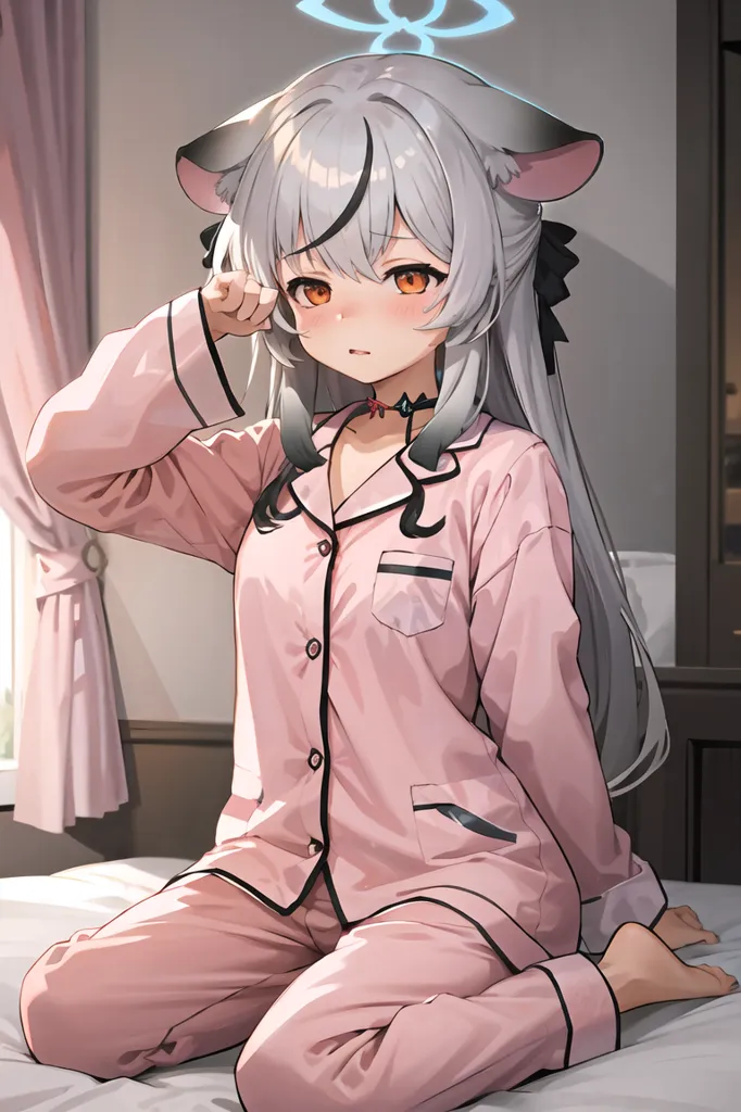 La imagen es de una chica de anime con orejas de gato y un halo sentada en una cama. Está usando un pijama rosa. Tiene el cabello blanco largo y ojos naranjas. Está frotándose el ojo derecho con la mano derecha.