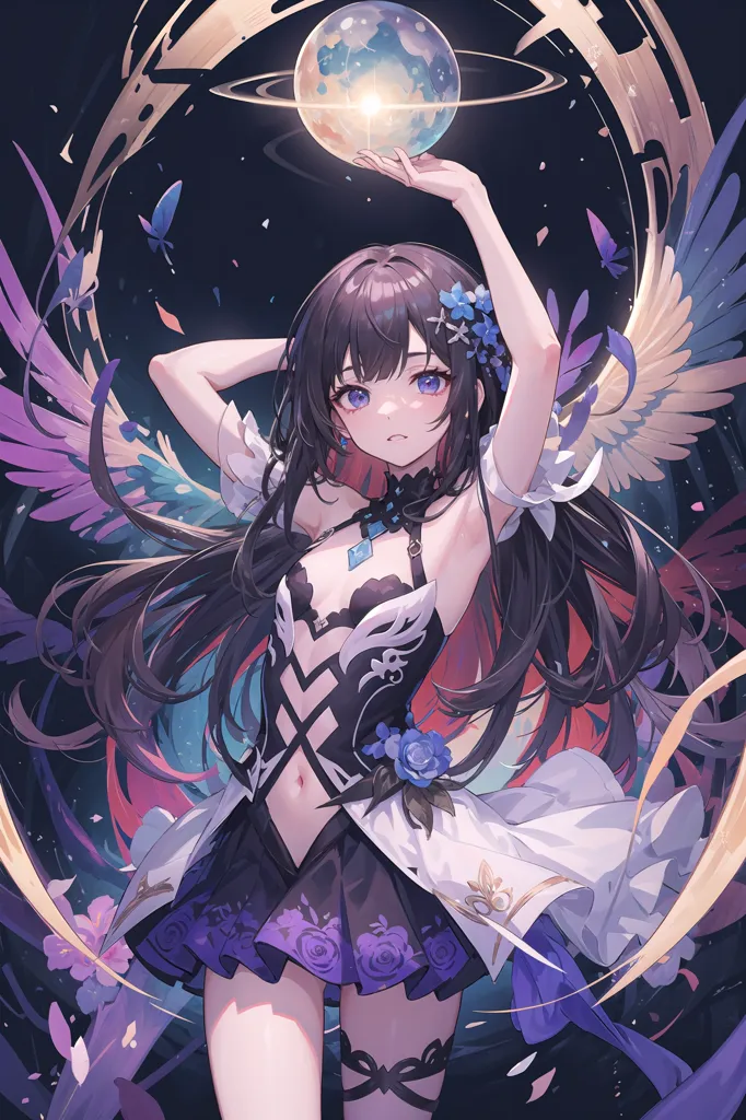 The image is of an anime girl with long, dark hair and purple eyes. She is wearing a black and white dress with a purple gem in the center. She has angel wings made of purple feathers and is holding a glowing blue orb in her right hand. She is standing in front of a dark purple background with a glowing, blue planet in the center.