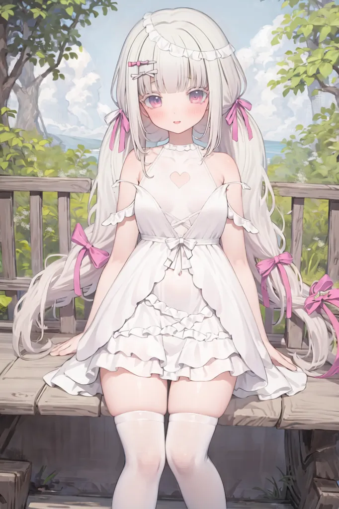 The image is of a young girl with long white hair and pink eyes. She is wearing a white dress with a pink heart-shaped cutout on the chest. She is also wearing white stockings and pink bows in her hair. She is sitting on a bench in a park with green trees and a blue sky in the background.