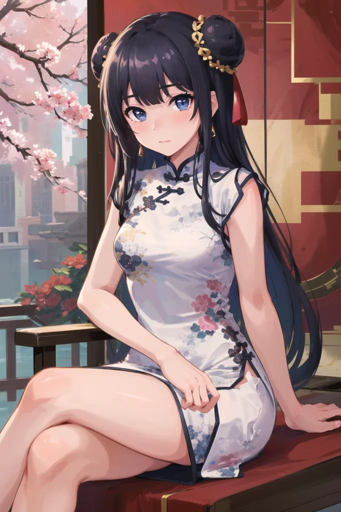 The image shows a young woman sitting on a chair. She has long black hair, blue eyes, and is wearing a white cheongsam with a floral pattern. The cheongsam is sleeveless and has a high collar. She is also wearing red earrings and a red bracelet. The woman is sitting with her legs crossed and her left hand is resting on her knee while the other is slightly lifting the cheongsam to show her bare leg. In the background, there is a window with a view of a cherry blossom tree in full bloom.