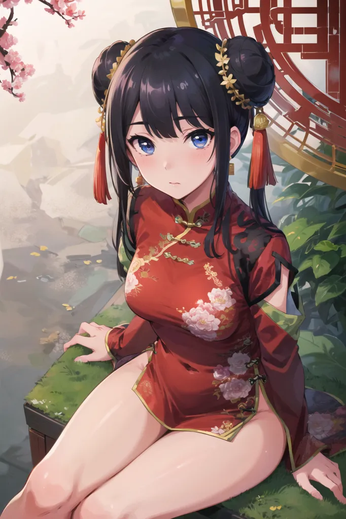 The image is of a young woman with long black hair and blue eyes. She is wearing a red and gold cheongsam with a floral pattern. She is sitting on a stone bench in a garden. There are cherry blossoms in the background. The woman is looking at the viewer with a shy smile.