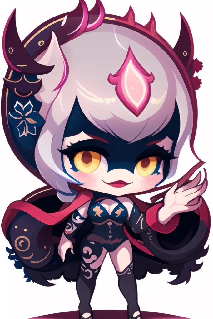 La imagen es de un personaje chibi con el cabello blanco y morado, que lleva un body negro y rojo con un escote pronunciado y una máscara negra con acentos rojos y dorados. Tiene una capa roja y negra con un ribete dorado y está de pie sobre una plataforma roja y blanca. El fondo es blanco con un degradado rosa en la parte inferior.