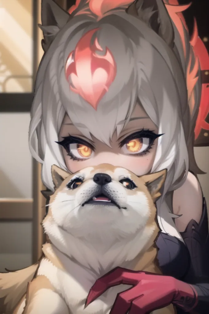 The image is of a young woman with wolf ears and a red streak in her white hair. She is wearing a red and black outfit and has a dog with an annoyed expression on its face in front of her. The background is blurred.