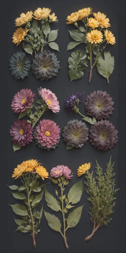 A imagem mostra nove diferentes tipos de flores em um fundo escuro. As flores são de diferentes cores, incluindo amarelo, rosa, roxo e branco. Algumas das flores também têm diferentes formatos, incluindo margaridas, rosas e lírios. As flores estão todas arranjadas em uma grade, com três flores em cada linha. A imagem é muito detalhada e as flores são todas muito realistas.