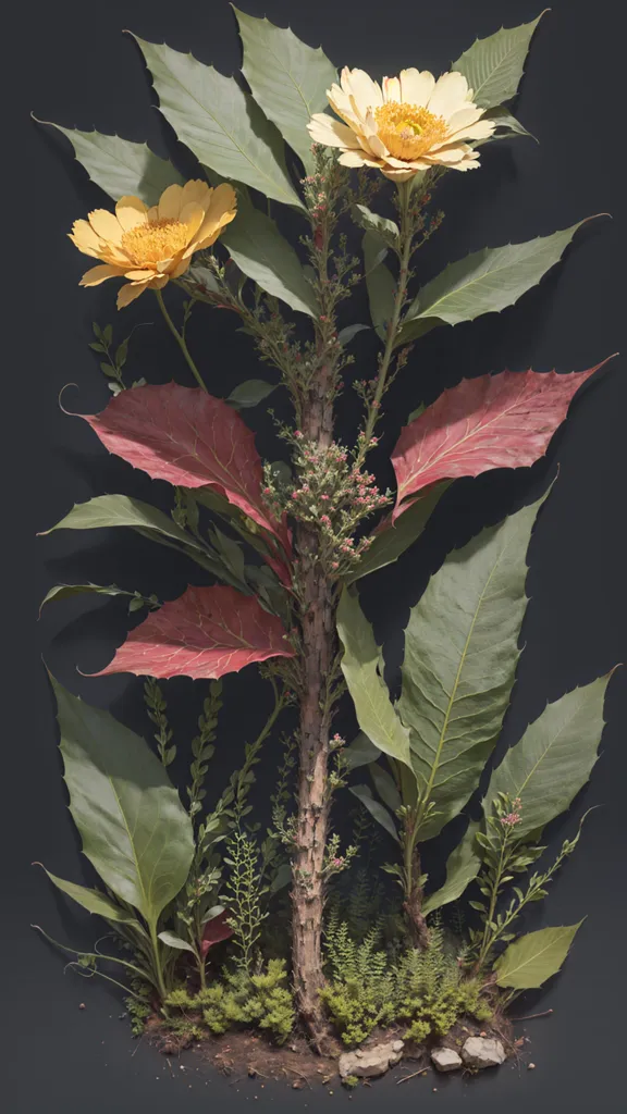 The image is a photo of a plant. It has a single stalk with two large yellow flowers at the top. The stalk is brown and has small green leaves all along it. The plant has several large leaves that are green on top and reddish purple underneath. They are arranged in a spiral pattern around the stalk. The plant is growing in a pot with dark soil. The background is a dark color.