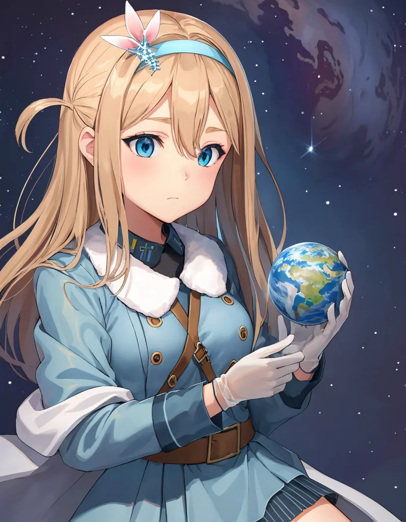 The image depicts an anime girl with long blonde hair and blue eyes. She is wearing a blue military uniform with a white collar and a white glove on her right hand. She is holding a small Earth in her right hand. The background is a starry night sky with a planet in the distance.