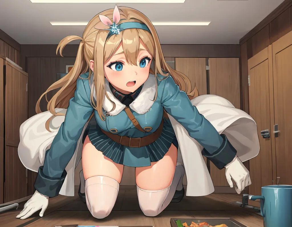 The image depicts a young woman kneeling on the floor. She is wearing a white and blue military-style outfit, a blue headband with a pink and white flower-shaped hair accessory on the right side of her head, and white gloves. She has long blonde hair and blue eyes, and she is looking at a blue cup on the floor in front of her with a surprised expression on her face. There is a plate with food on it next to the cup. The background of the image is a wooden wall with two doors.