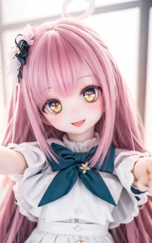 The image shows a doll with pink hair and yellow eyes. She is wearing a white dress with a blue bow. Her hair is long and straight, and she has a flower in her hair. The doll is smiling and has her arms outstretched.