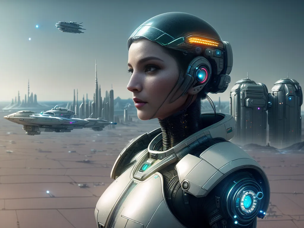 This is an image of a woman wearing a futuristic helmet and armor. She is standing in a desert landscape with a city in the background. There are also some flying vehicles in the sky. The woman is looking to the right of the frame, which is where the light is coming from. Her expression is one of determination and focus. She is wearing a white and gray suit of armor, and her helmet has a blue visor. The city in the background is made up of tall buildings and towers, and there are several spaceships flying around. The image is full of detail and has a very realistic feel to it.