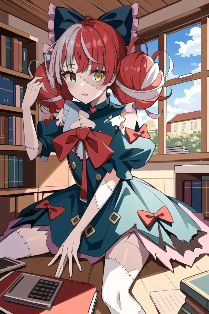 The image shows a girl with red and white hair, green eyes, and a red bow in her hair. She is wearing a blue and white dress with a red bow on the chest. She is sitting in a library, surrounded by books. There is a calculator on the table. The girl is looking at the camera with a shy expression.