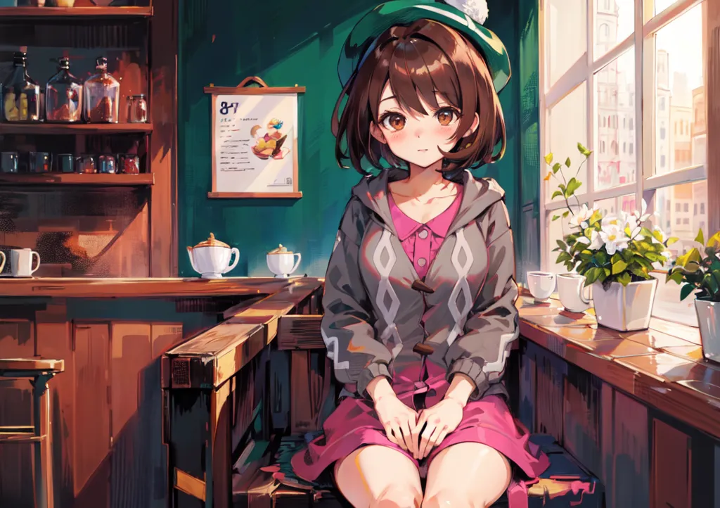 The image shows a young woman sitting in a cafe. She has brown hair, green eyes, and is wearing a green beret, a gray sweater, and a pink skirt. She is sitting at a wooden table with a teacup on it. There is a window next to her with a plant on the windowsill. The background of the cafe is green and there is a chalkboard with a menu on it.