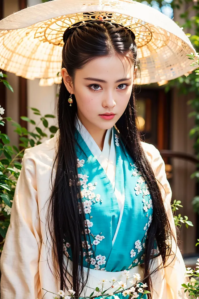 Uma jovem mulher está usando um hanfu tradicional chinês com uma túnica externa branca com detalhes em azul claro e uma túnica interna azul com bordados florais brancos. Ela também está usando um chapéu de palha e tem cabelos pretos longos. Ela está em pé em um jardim e há flores brancas em primeiro plano.