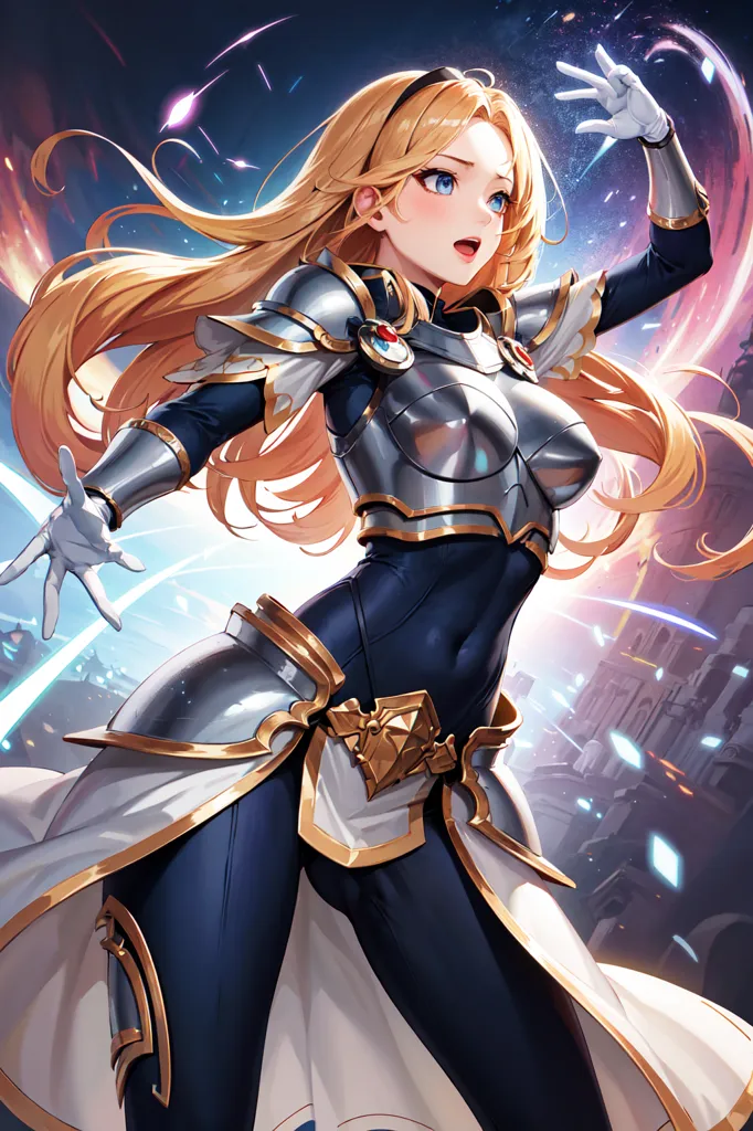 This image shows a young woman with long blond hair wearing a blue and white bodysuit with silver armor. She has one hand raised in the air and the other extended downward. She is standing in front of a blue and white background with a city in the distance. The woman is likely a character from the League of Legends video game, and she appears to be using her powers to protect the city.