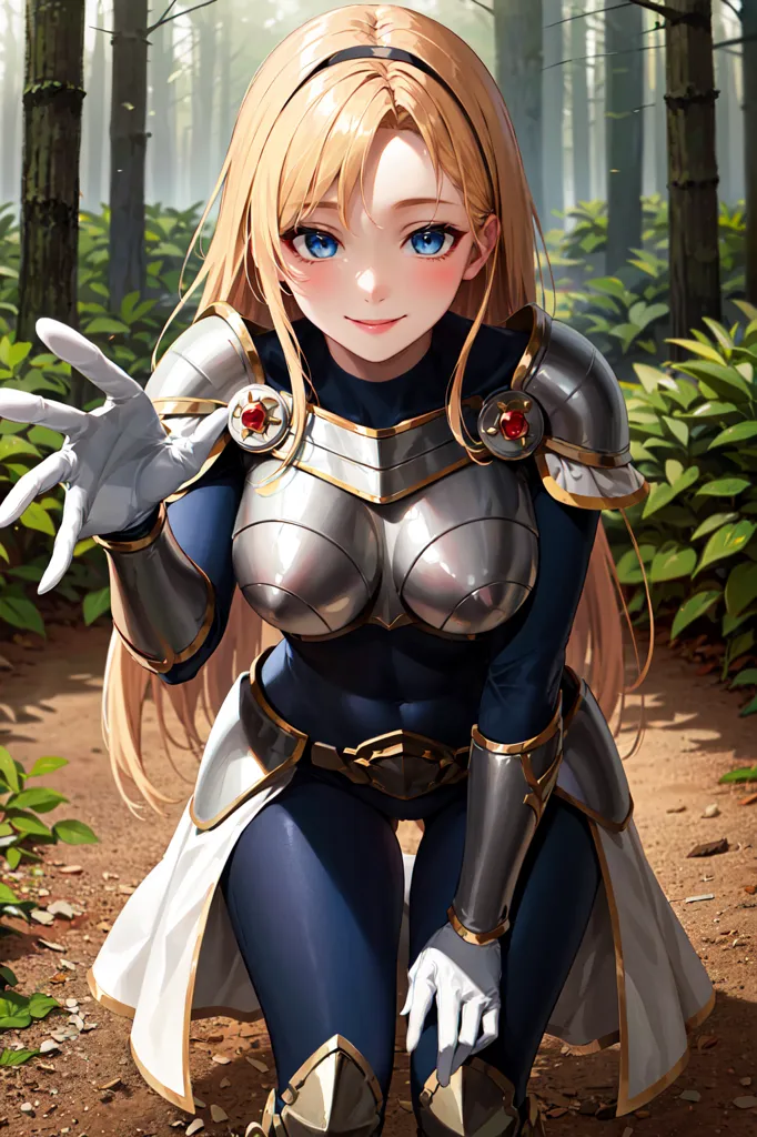 The image is of a young woman with long blonde hair and blue eyes. She is wearing a blue and white bodysuit with silver armor. She has a friendly smile on her face and is reaching out with one hand. She is kneeling on the ground in a forest setting.