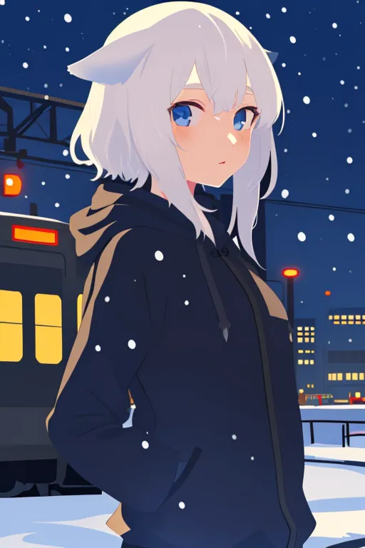 The image is of an anime girl with white hair and blue eyes. She is wearing a black hoodie and there are snowflakes falling around her. There is a train in the background. The girl is standing on a platform and there is a city in the distance. The image is in a realistic style and the colors are vibrant. The girl's expression is one of sadness.