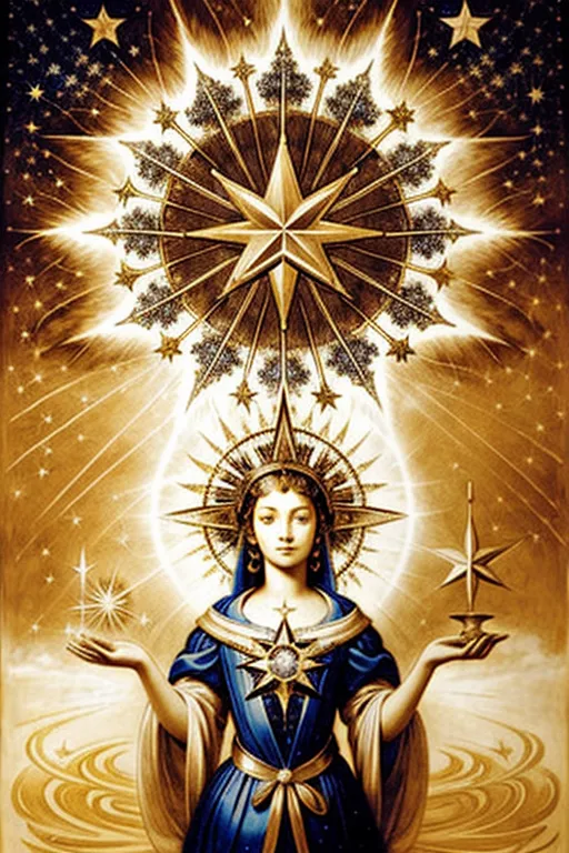 The image is of a woman in a blue robe with a golden crown on her head. She is standing in front of a large star. She has her arms outstretched with a small star in each hand. The background is filled with stars and there is a river in front of her.