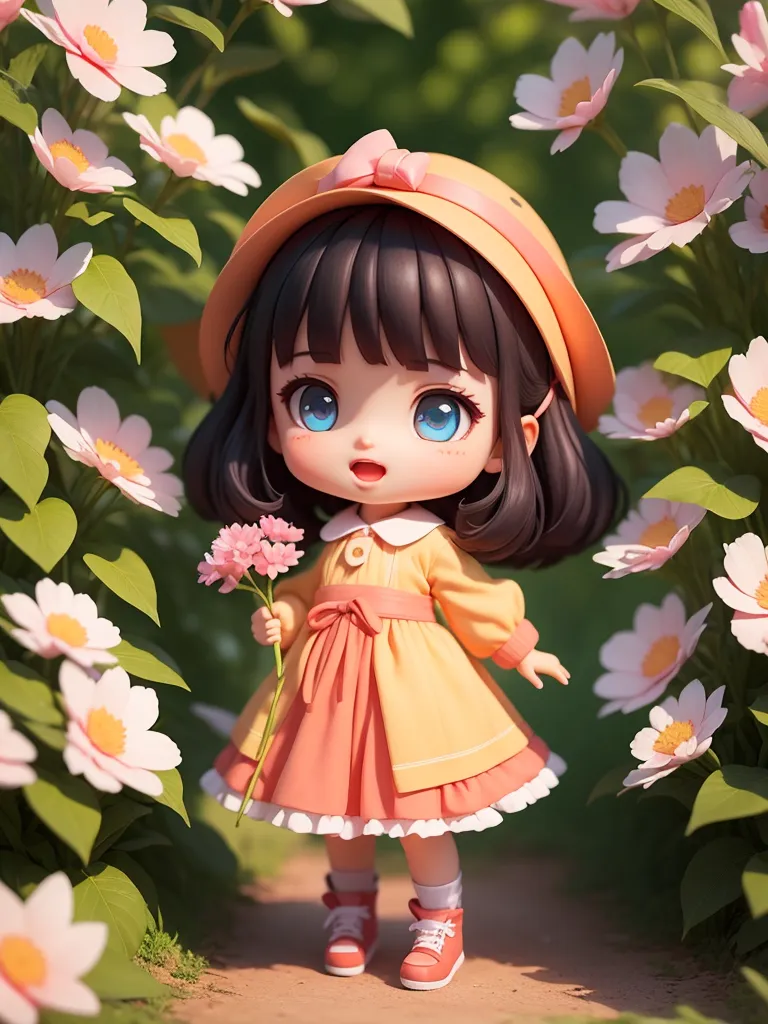 Esta imagen muestra a una chica estilo anime chibi con cabello negro y ojos azules. Lleva un sombrero amarillo con un lazo naranja, un vestido amarillo y naranja, y zapatillas rojas. Está de pie en un campo de flores blancas y rosas, sosteniendo una flor rosa en su mano izquierda. El fondo está desenfocado, con algunas hojas verdes visibles.