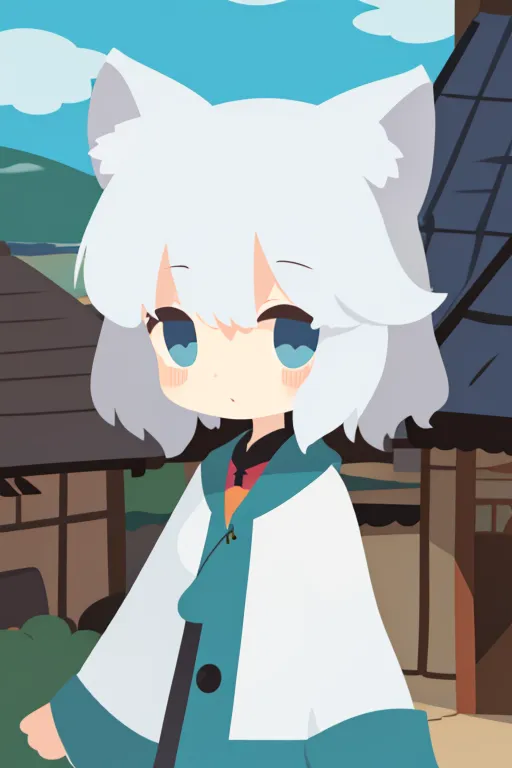 The image is of a young girl with white hair and blue eyes. She is wearing a white kimono with a blue sash and has cat ears. She is standing in a traditional Japanese village. The background is of a blue sky with white clouds and there are mountains in the distance. The girl is looking at the viewer with a curious expression on her face.