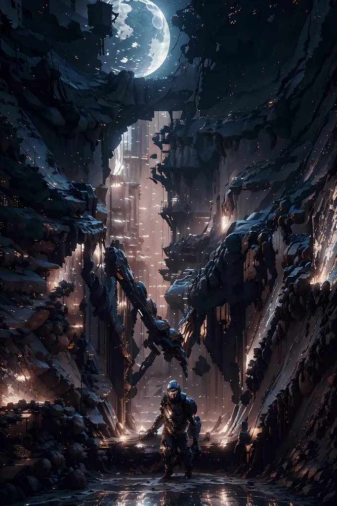 The image is set in a dark and mysterious canyon. The moon is shining brightly overhead, casting shadows over the jagged rocks and cliffs. The canyon is filled with the ruins of an ancient city, with broken buildings and towers reaching up into the sky. There is a figure standing in the middle of the canyon, looking up at the moon. The figure is wearing a futuristic suit of armor, and they are carrying a weapon. The image is full of mystery and wonder, and it leaves the viewer wondering what happened to the city and who the figure is.