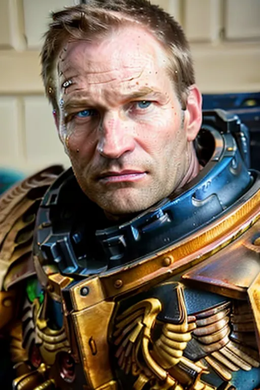 This is an image of a man with short blond hair and blue eyes. He is wearing a gold and blue suit of armor with an eagle on the chest. The man has a serious expression on his face. He is standing in front of a white background.