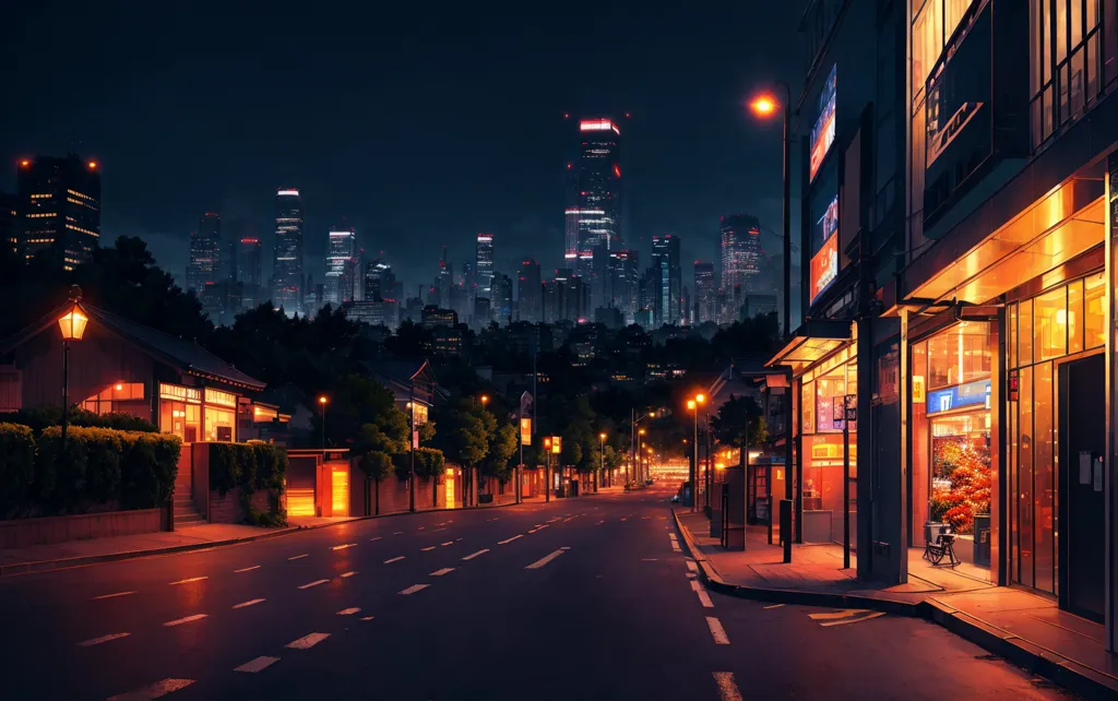 La imagen es una escena nocturna de una calle en una ciudad. La calle está iluminada por algunas farolas y la luz de los edificios. Hay algunos árboles a ambos lados de la calle. Los edificios son en su mayoría altos y tienen muchas ventanas. La calle está vacía, a excepción de algunos coches aparcados. La ciudad al fondo está muy iluminada y parece muy concurrida.