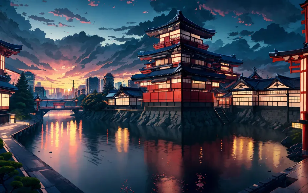 The image is a beautiful depiction of a traditional Japanese city. The city is built on a river, and there are many traditional Japanese buildings on both sides of the river. The buildings are made of wood and have tiled roofs. There are also a number of trees and bridges in the city. The sky is a deep blue, and the sun is setting. The image is very peaceful and serene.