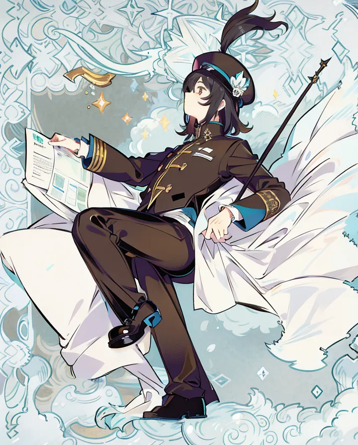 The image shows a young man with medium-long dark hair and brown eyes. He is wearing a dark military uniform with gold epaulettes and a white cravat. He is also wearing a black bicorne hat with a white feather. He is sitting on a white cloud, reading a newspaper. There are also some small auspicious clouds and stars around