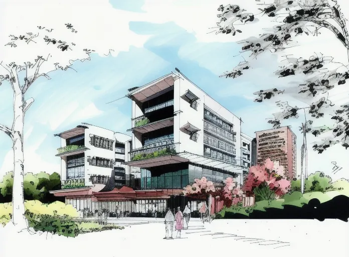 The image is an architectural sketch of a modern building. The building is surrounded by trees and has a large glass window. There are people walking around the building. The sky is blue and there are clouds in the sky. The building is made of concrete and glass and has a modern design.