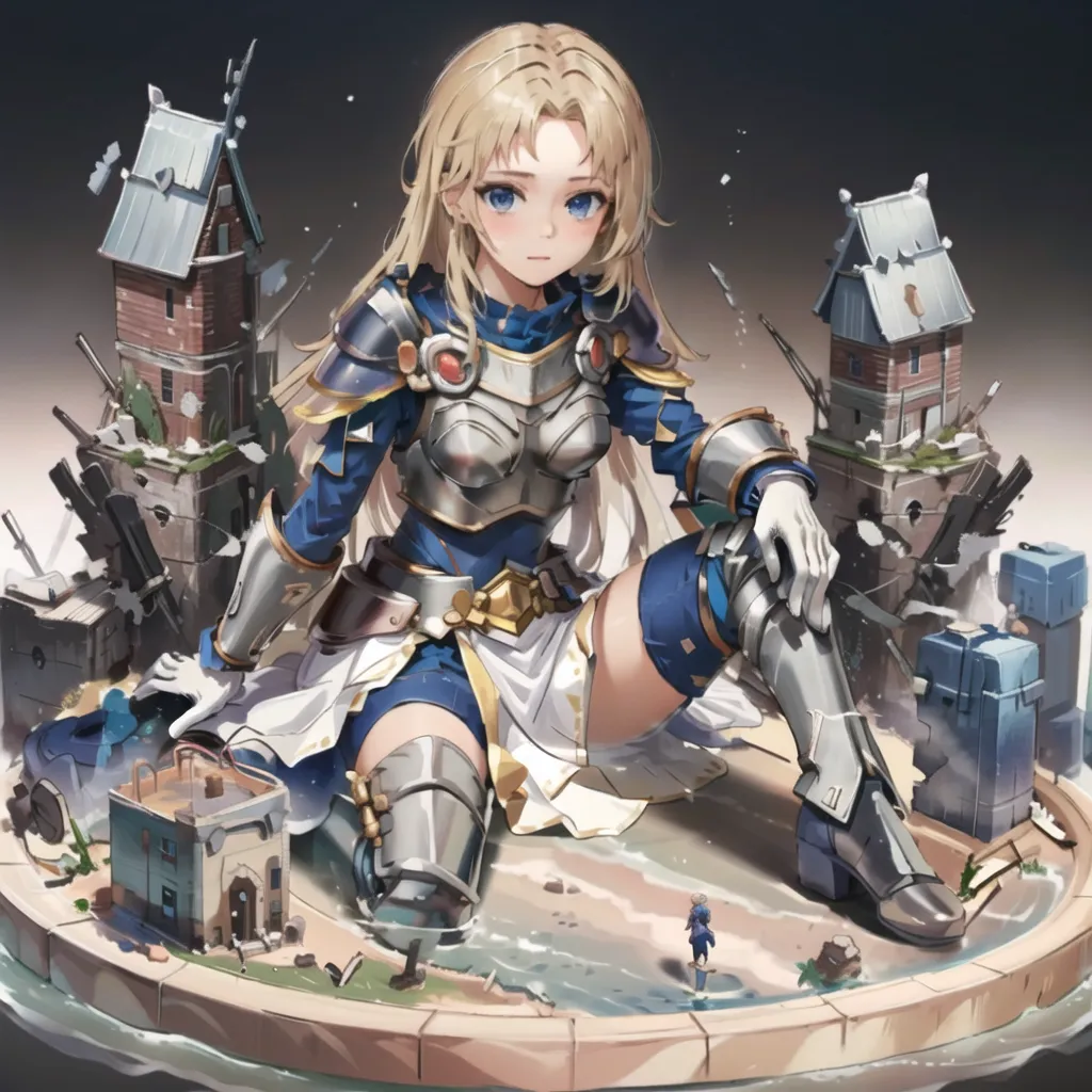 The image depicts a giantess kneeling on a platform. She is wearing silver and blue armor and has long blond hair and blue eyes. The platform she is kneeling on is surrounded by ruined buildings. There is a small person standing on the edge of the platform looking up at her.