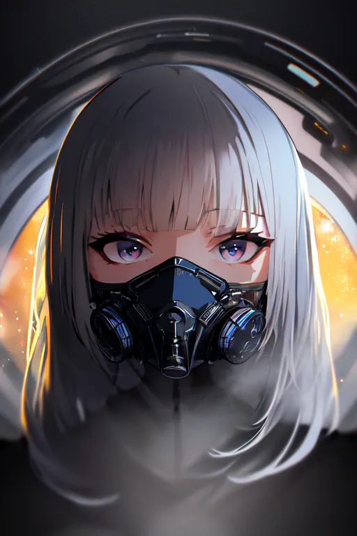 The image is a portrait of a young woman. She is wearing a black gas mask with blue and silver accents. Her eyes are a light purple color and her hair is silver and parted to one side. She is wearing a black suit with a high collar. The background is a dark grey with a bright light in the top left corner.