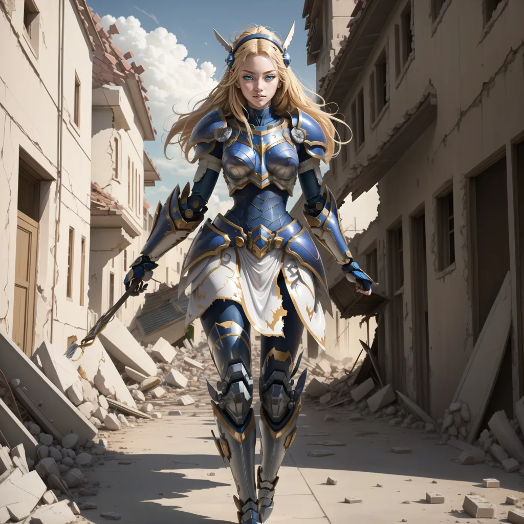 The image shows a blonde woman in blue and white armor walking through a destroyed city. She is carrying a sword in her right hand and a shield in her left hand. The city is in ruins, with buildings collapsed and rubble everywhere. The woman's expression is determined and focused. She is wearing a helmet with a visor that is up, revealing her face. Her hair is long and flowing, and she has a blue cape that is blowing in the wind.