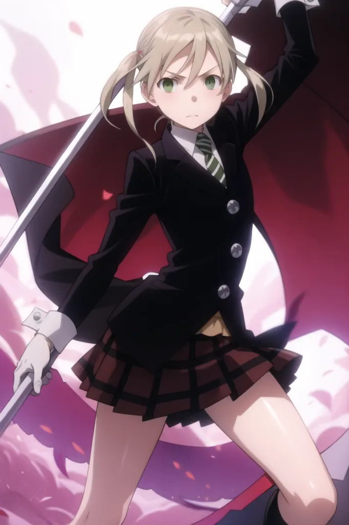 The image contains a young girl with a serious expression on her face. She is dressed in a black suit and a red and white striped tie. She is also wearing a white glove on her right hand. The girl is holding a large scythe in her right hand and a flag in her left hand. The flag is red and has a white cross on it. The girl is standing in front of a pink and white background.