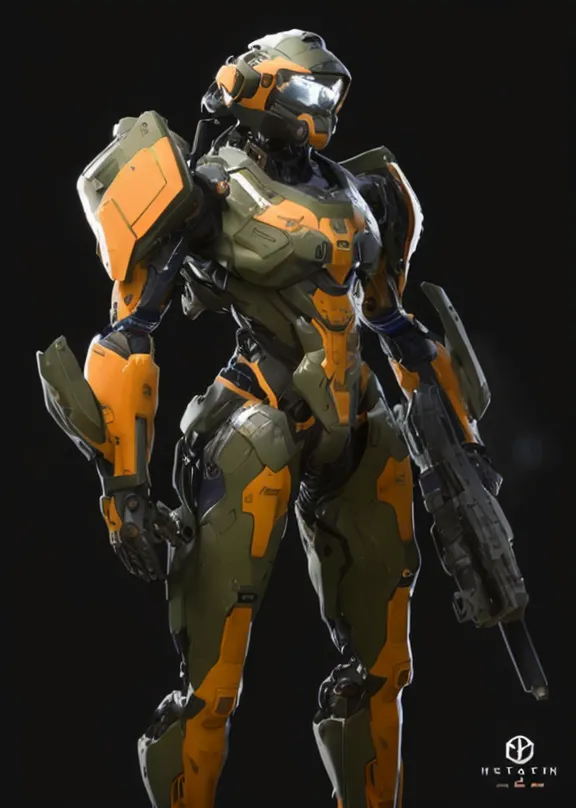 The image is of a female soldier wearing a green and orange powered armor suit. She is standing in a relaxed pose, with her right hand resting on her rifle and her left hand hanging at her side. The rifle is a futuristic assault rifle with a large magazine. The soldier's helmet is green with orange accents and has a visor that is reflecting light. The armor suit has orange shoulder pads and a large orange stripe running down the center of the chest. The soldier's legs are covered in green and orange armor plating.