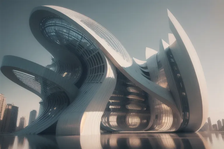 La imagen es una visualización arquitectónica futurista de un edificio que parece ser un museo. Tiene una forma ondulante y orgánica, con una gran fachada de vidrio curva que refleja el cielo y el paisaje urbano circundante. El edificio está situado en un cuerpo de agua, con un paseo curvo que conduce a la entrada. La imagen está renderizada en un estilo realista, con una iluminación y sombras suaves.