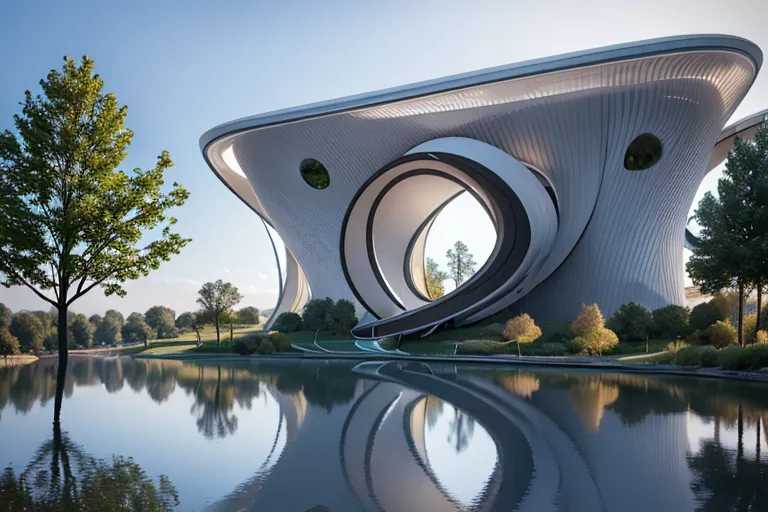 L'image montre un bâtiment moderne avec une forme courbe et organique. Il est blanc et a une grande ouverture circulaire au centre. Le bâtiment est entouré d'eau, avec un grand arbre à gauche et quelques plantes à droite. Le ciel est bleu et il y a quelques nuages à l'horizon. Le bâtiment semble être un musée ou un autre type de bâtiment public.