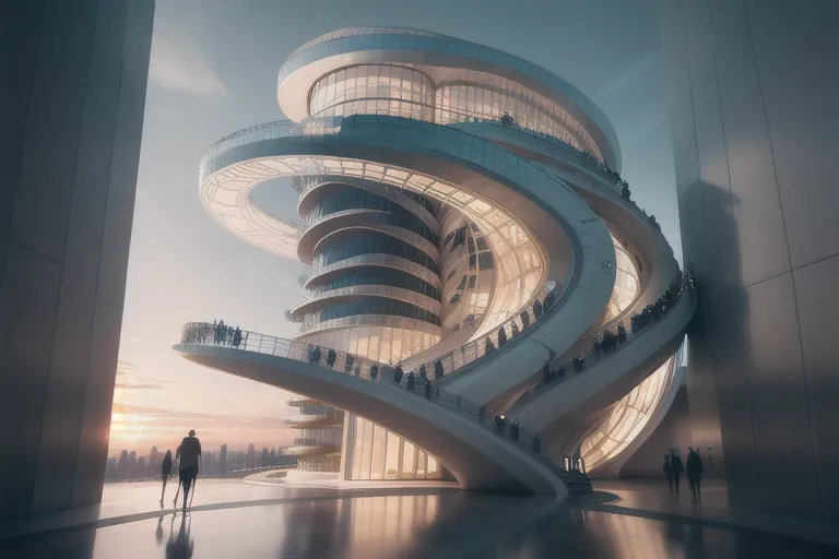 The image is a rendering of a futuristic city. There is a large, white, spiral building in the center of the image. The building is made of glass and has a lot of people on it. There are also people walking around on the ground. The image is very detailed and realistic.