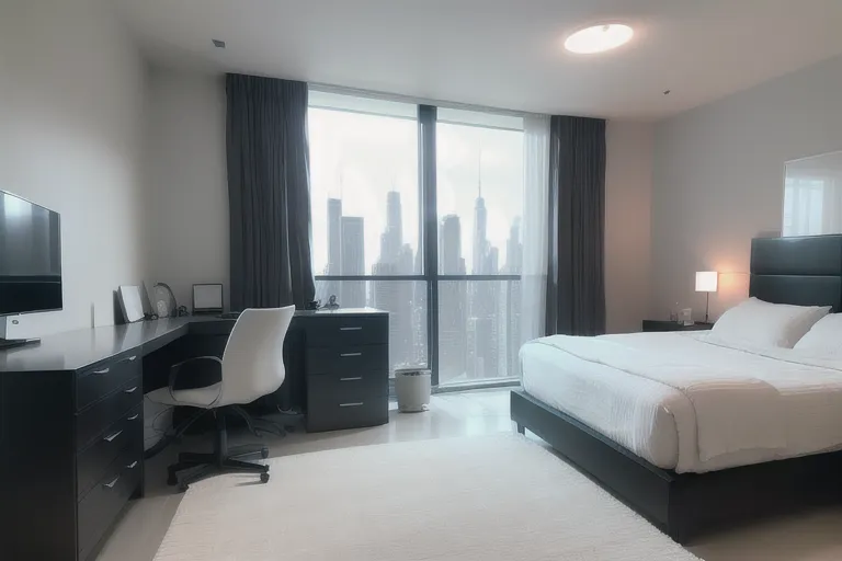 The image shows a modern bedroom with a large window overlooking a city skyline. There is a bed, a desk, and a dresser in the room. The bed has a white comforter and black pillows. The desk has a computer on it. The dresser has a lamp on it. The floor is covered in a white carpet. The walls are white. The ceiling is white. There is a large window in the room. The window has black curtains. The view from the window is of a city skyline. There are many tall buildings in the city skyline. The buildings are made of glass and steel. The sky is blue. There are some clouds in the sky.